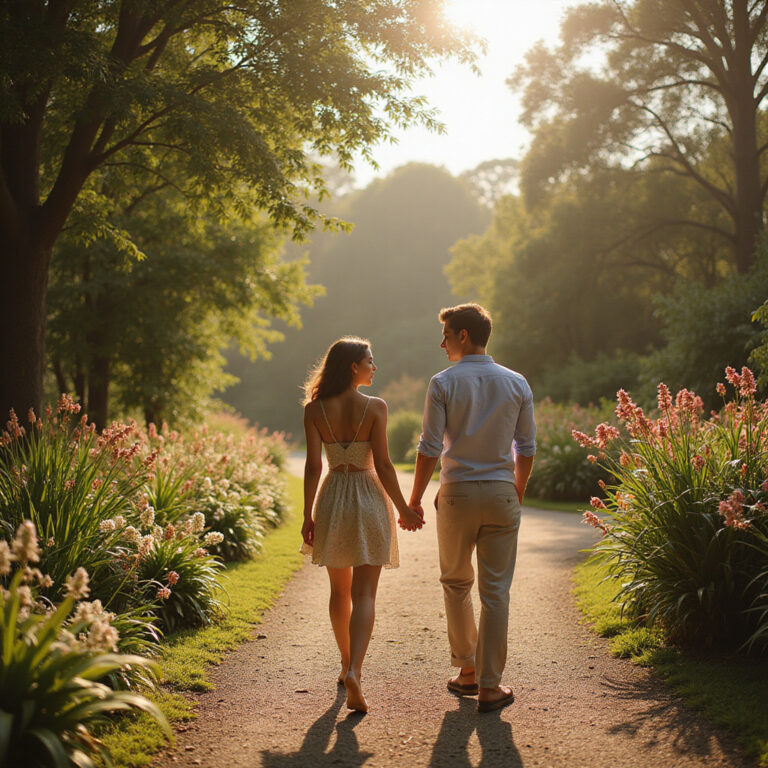 Spacerująca para wśród kwitnących roślin w Royal Botanic Gardens, zielone otoczenie