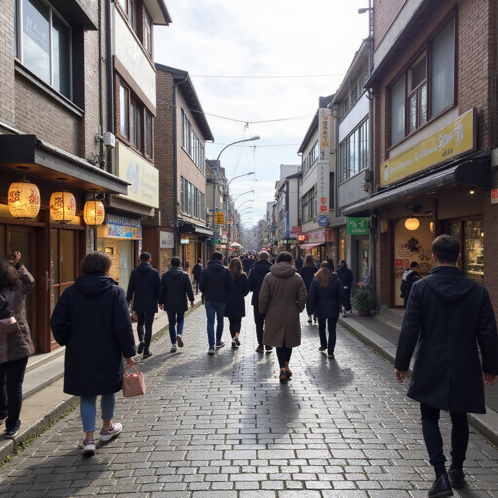 Spacerujący turyści na brukowanej uliczce w dzielnicy Kitano-cho w Kobe