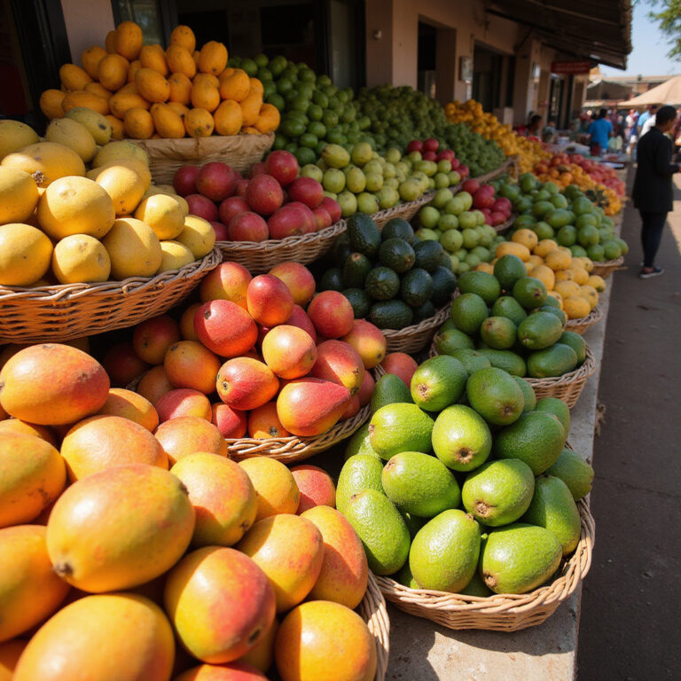 Stoisko z owocami na targu w Nairobi, świeże mango i awokado