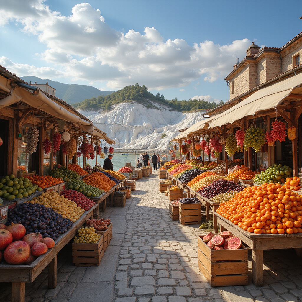 Ulica w Pamukkale z lokalnymi straganami pełnymi świeżych owoców