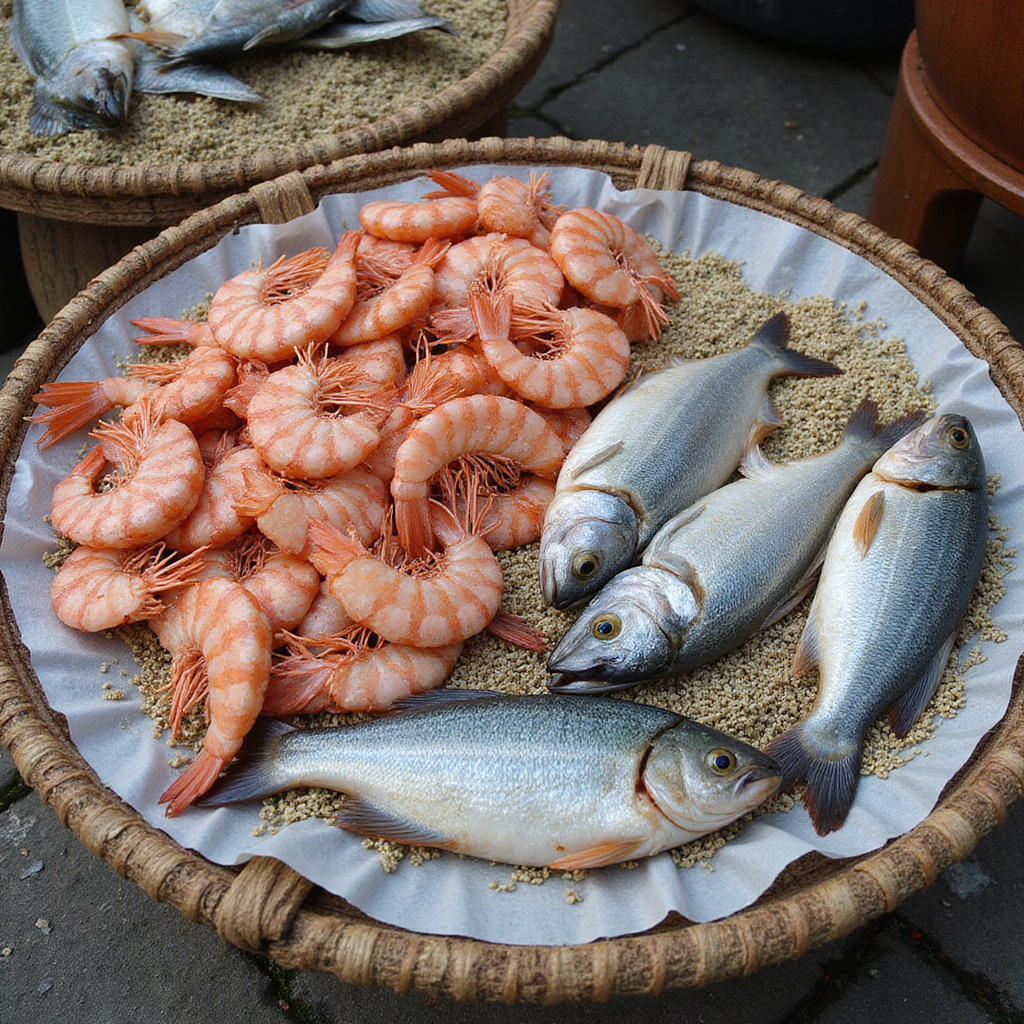 Świeże owoce morza na targu w Puli – krewetki i ryby na mokrej siatce