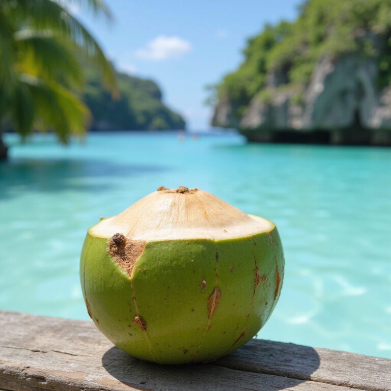 zielony kokos na tle Blue Lagoon, orzeźwiający sok i tropikalny klimat