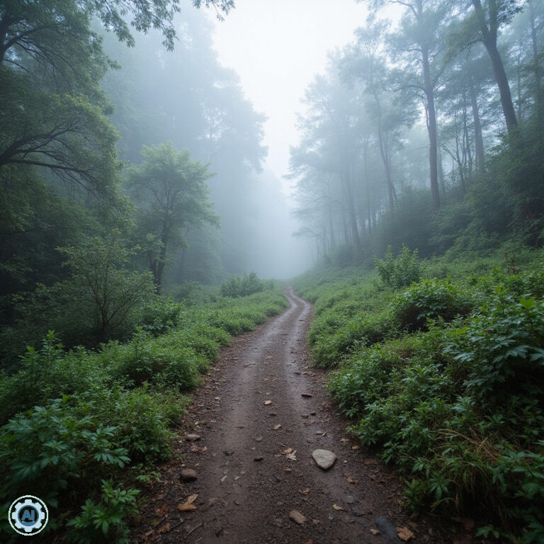 Widok na szlak trekkingowy w Parku Narodowym Doi Inthanon z mglistym lasem