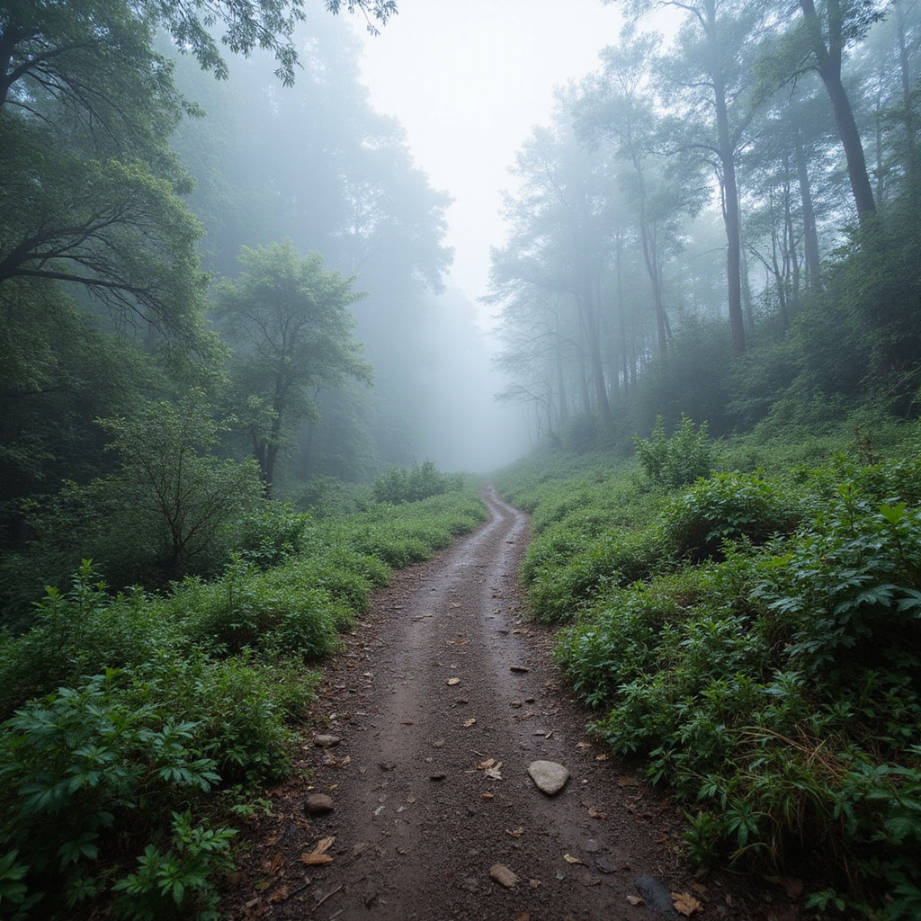 Widok na szlak trekkingowy w Parku Narodowym Doi Inthanon z mglistym lasem