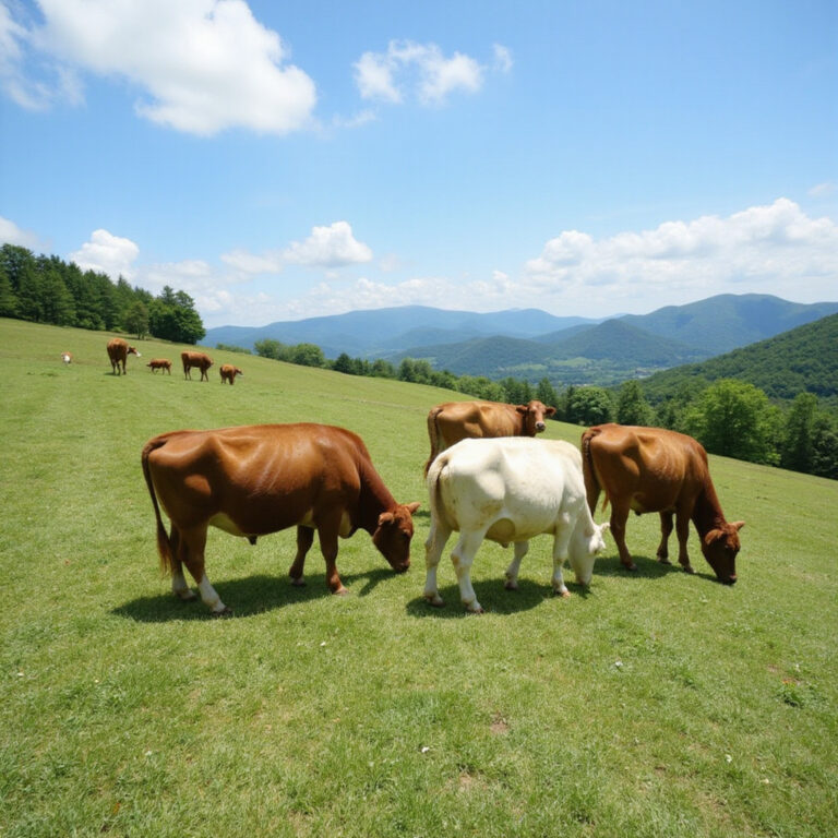 Tajima-gyu na pastwisku w regionie Hyogo, słoneczna pogoda
