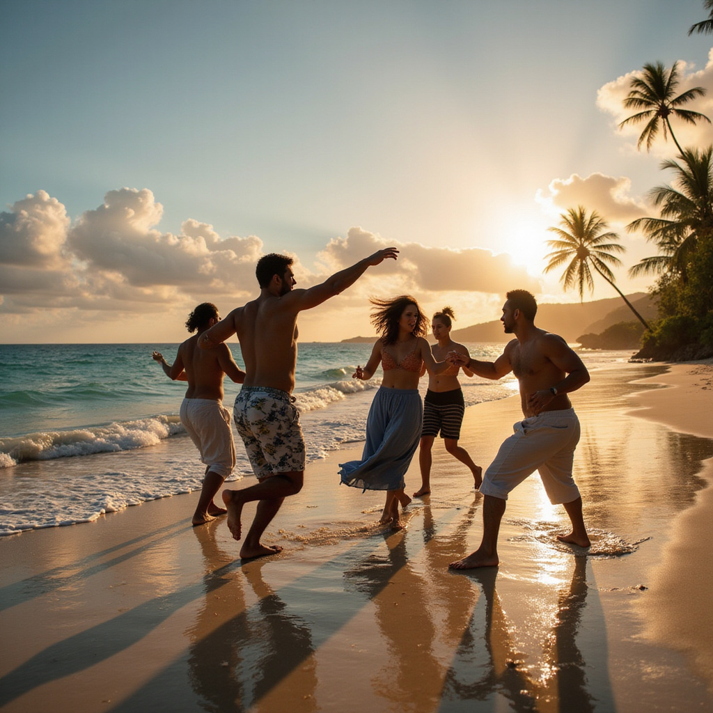Turyści tańczący bachatę na plaży w Las Terrenas