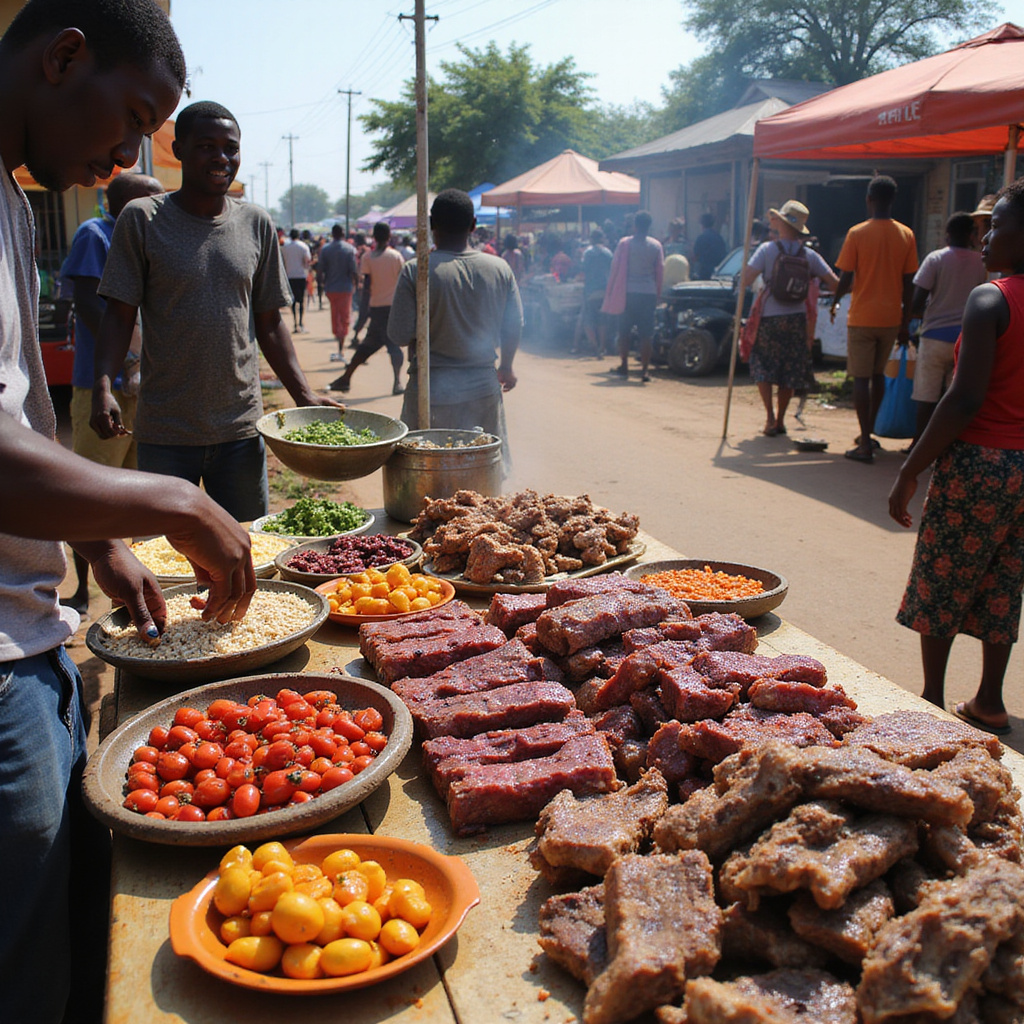 Uliczny stragan w Nairobi z mięsem na Nyama Choma, świeże produkty i lokalni sprzedawcy