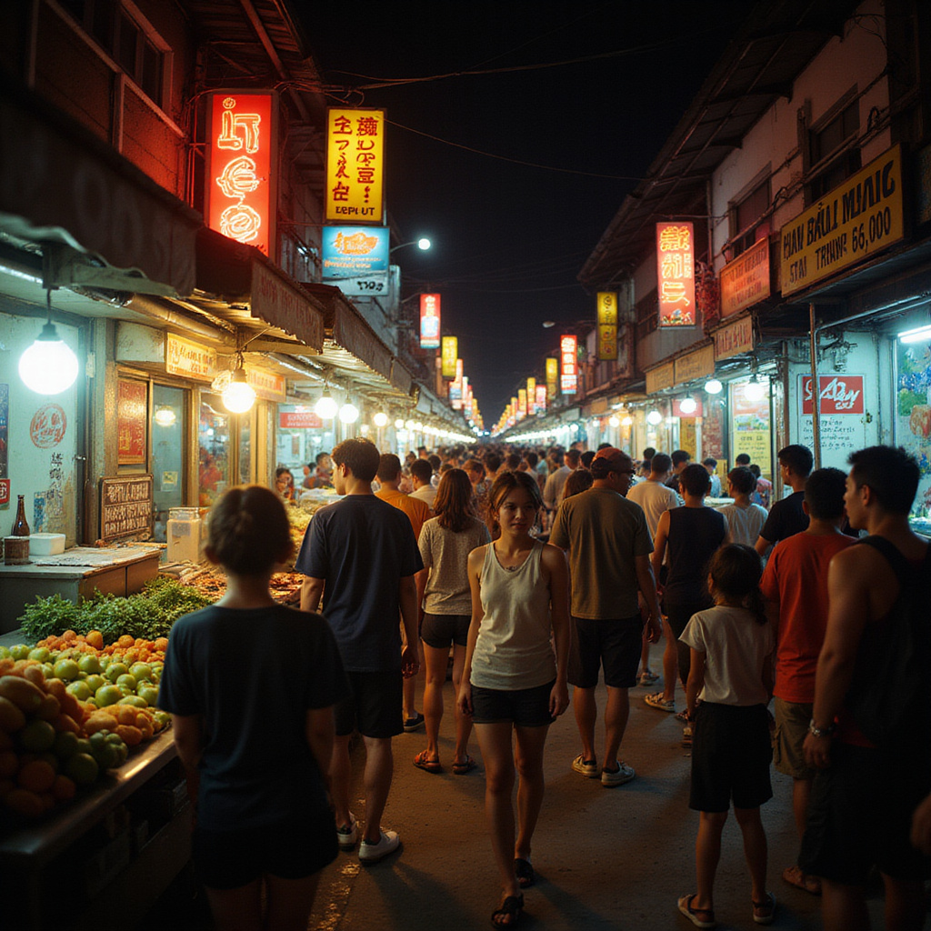 Tłum ludzi na targu nocnym w Nha Trang, kolorowe światła i aromatyczne jedzenie