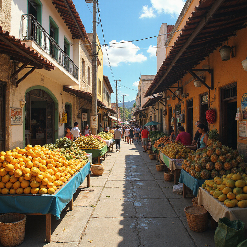 Targ owocowy z widokiem na ulicę w okolicach Mercado Modelo w Dominikanie