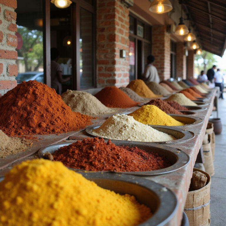 Targ przypraw w Mombasie z aromatycznymi kenijskimi przyprawami i lokalnymi produktami