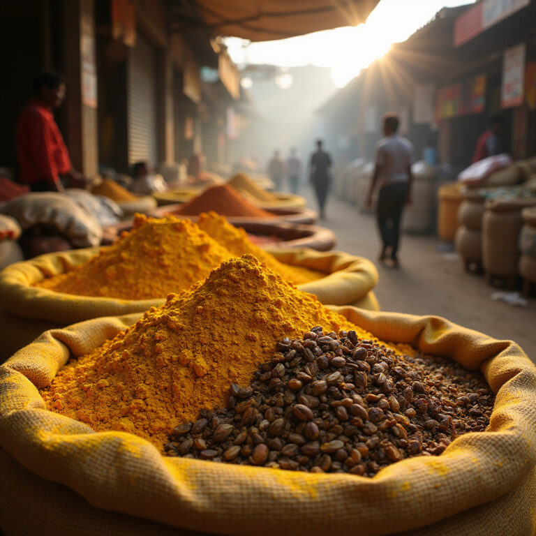 Targ przypraw w Mombasie z workami pełnymi kurkumy i kardamonu