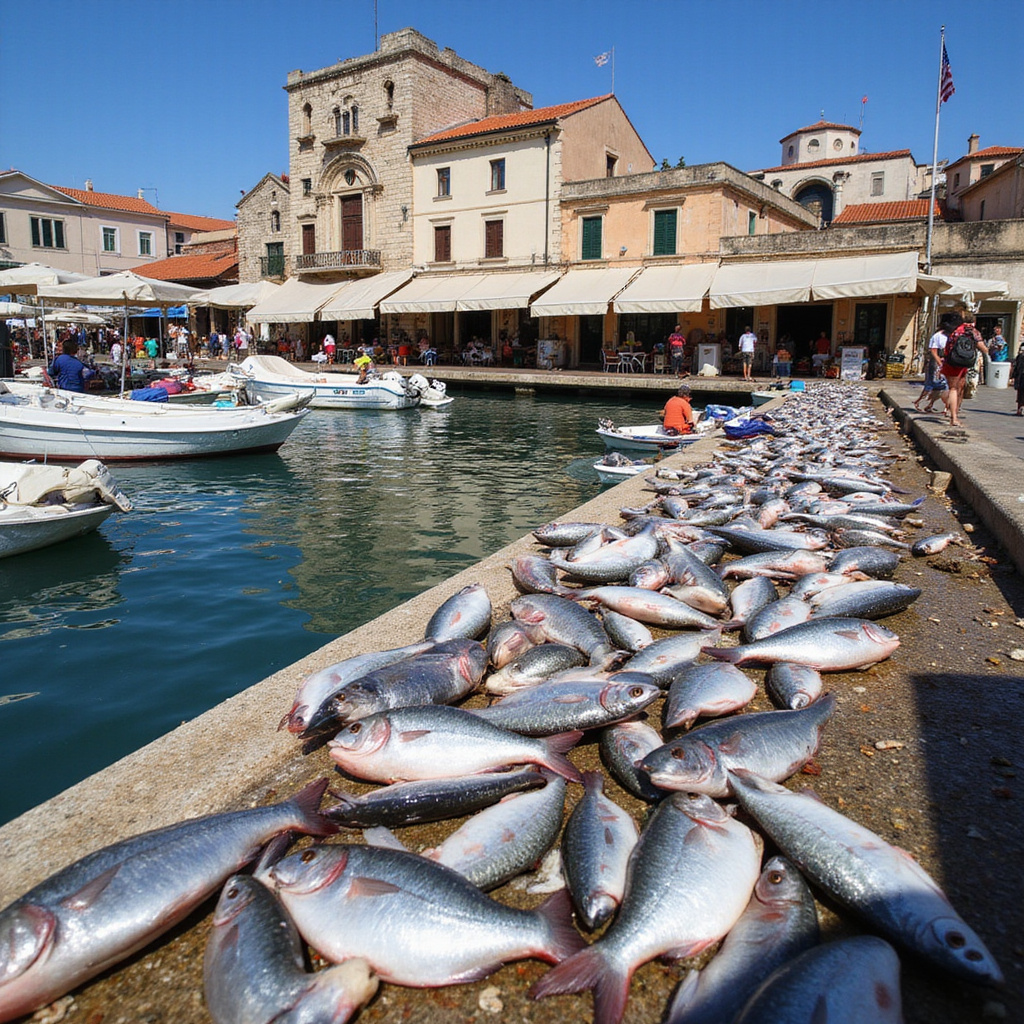 Targ rybny w Puli z widokiem na zabytkowy budynek