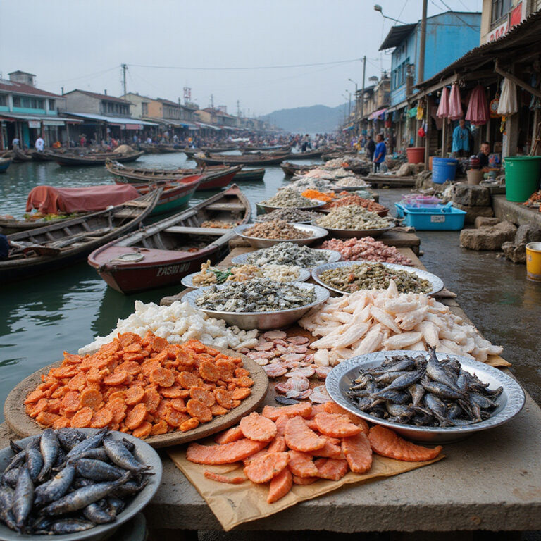 Targ rybny w Ha Long ze świeżymi owocami morza i kolorowymi łodziami