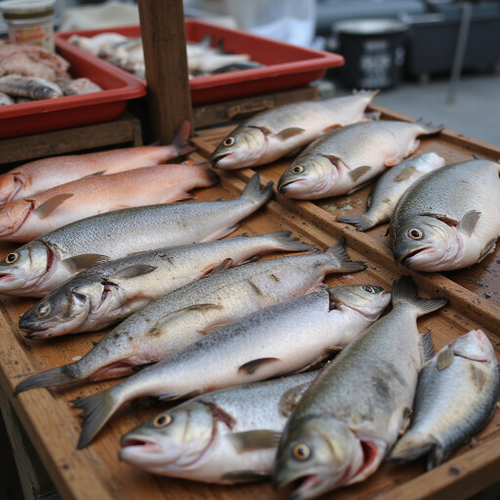 Świeże ryby na targu w Jurmali - łosoś i śledź na drewnianych stołach