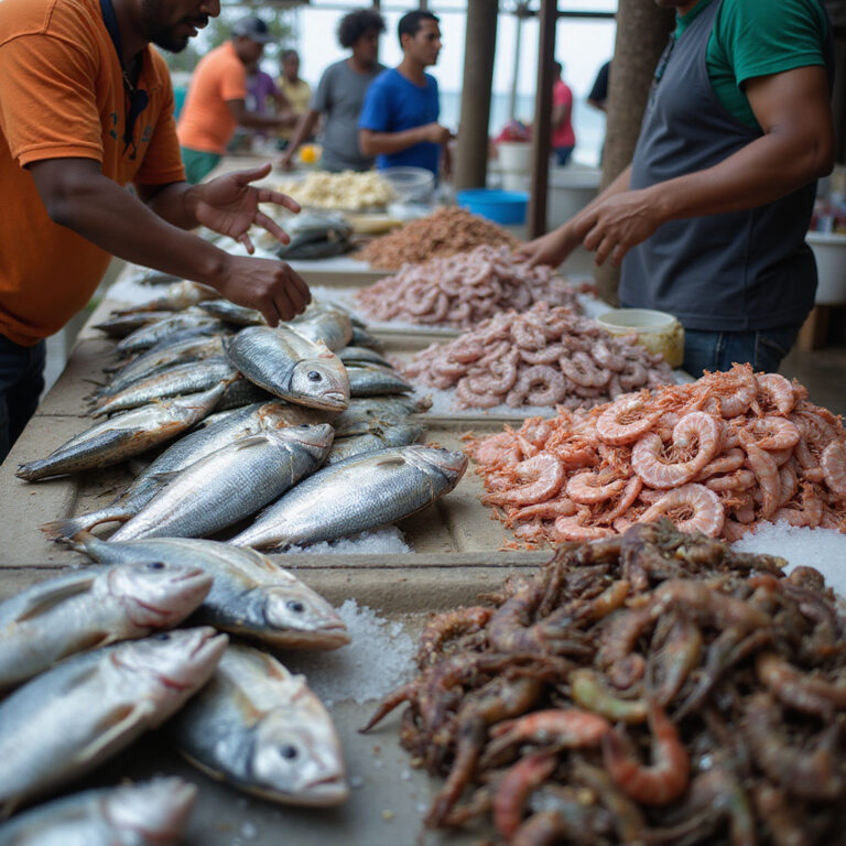 Świeże owoce morza na targu w Samaná, lokalne ryby i krewetki