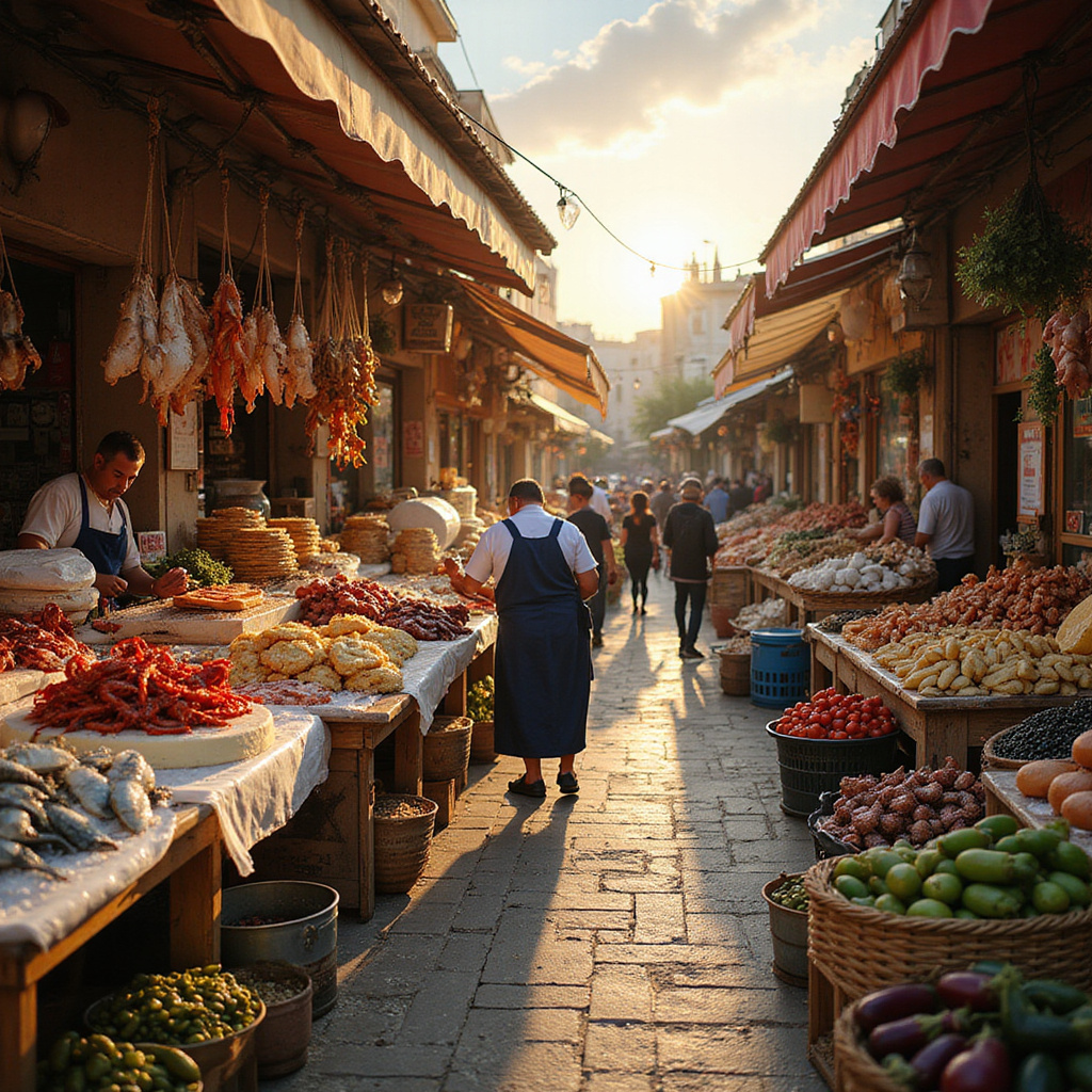 Targ w Heraklionie z lokalnymi produktami i świeżymi owocami morza