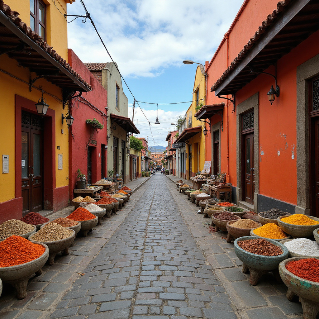 Ulica w Oaxaca z lokalnym targiem i straganami z przyprawami