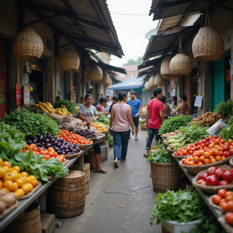 Ulica w Cebu z kolorowymi straganami warzywnymi, pełna lokalnego życia i świeżych produktów