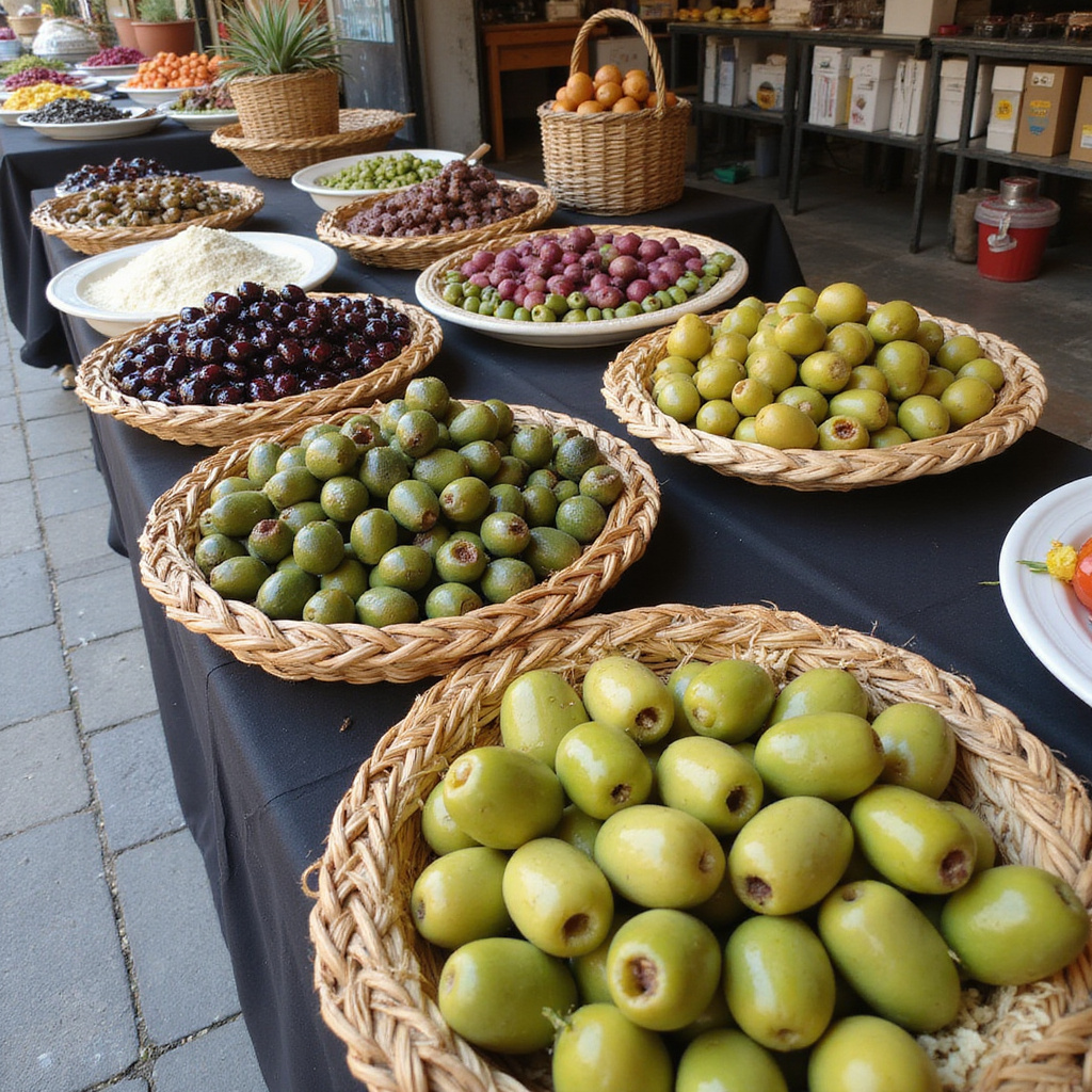 Targi oliwne w Patras z różnorodnymi stoiskami i świeżymi oliwkami