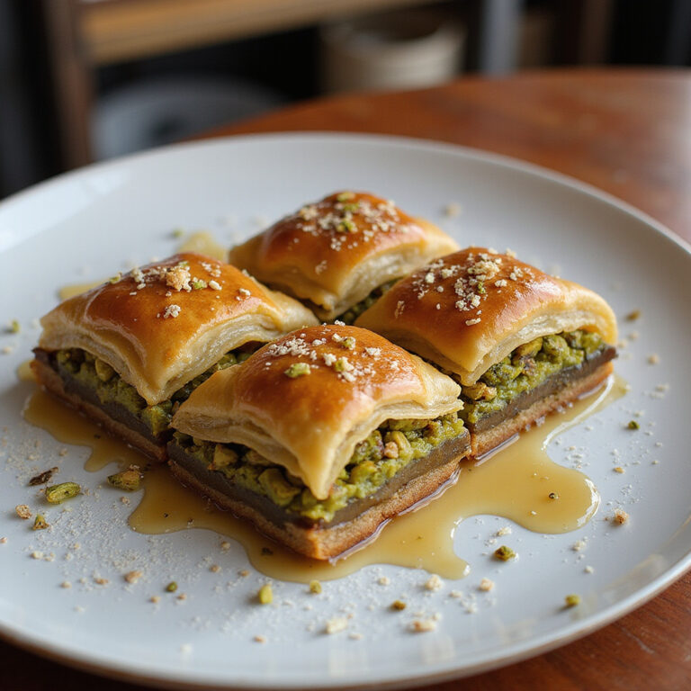 Tradycyjna baklava z pistacjami i syropem różanym na ulicy w Kairze