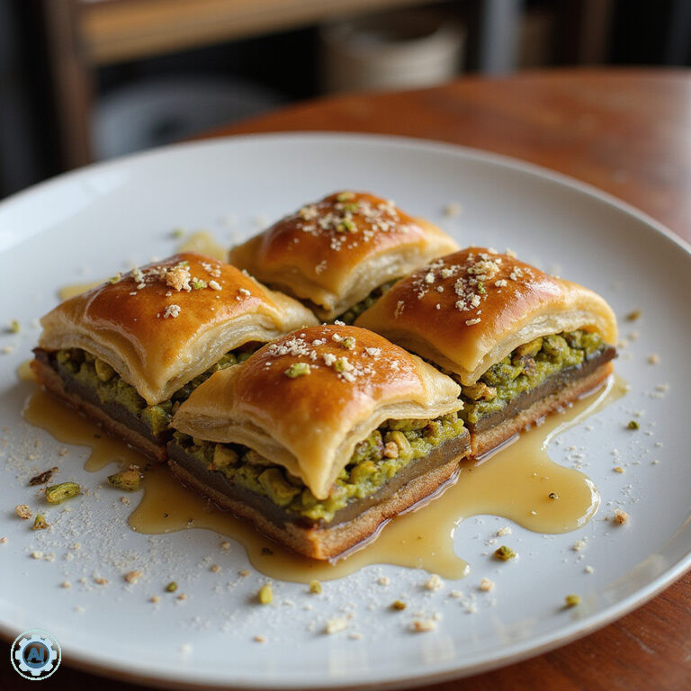 Tradycyjna baklava z pistacjami i syropem różanym na ulicy w Kairze