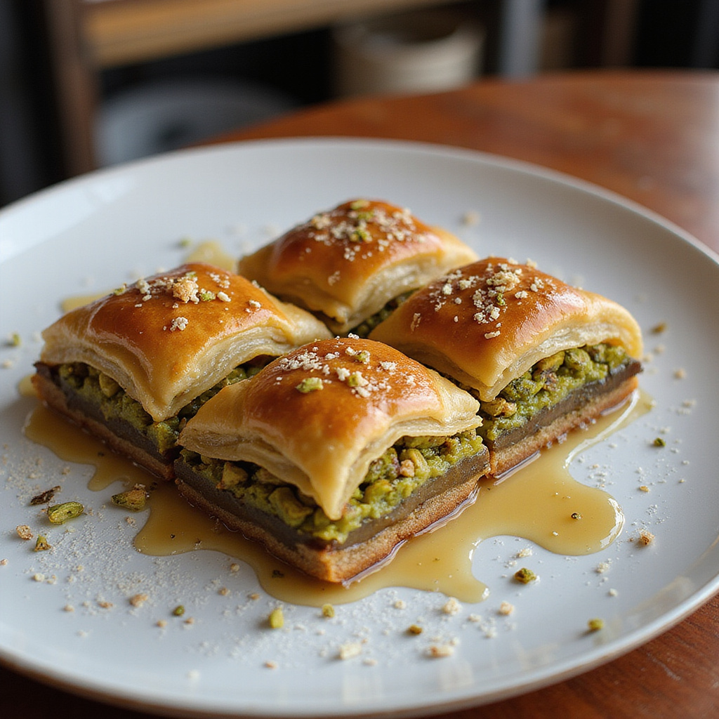 Tradycyjna baklava z pistacjami i syropem różanym na ulicy w Kairze
