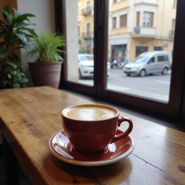 Tradycyjna grecka kawa w małej filiżance z widokiem na ulicę w Atenach