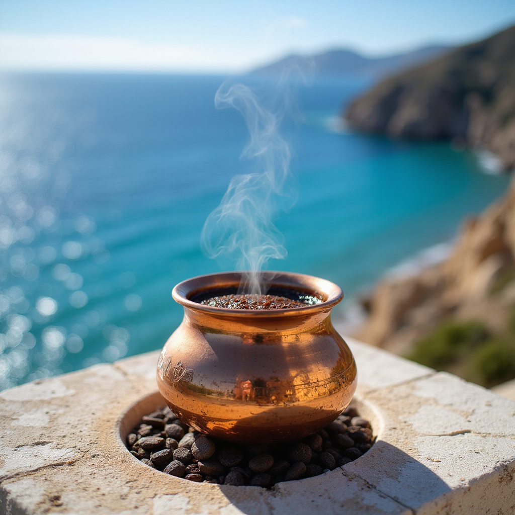 Tradycyjna kawa po cypryjsku serwowana w miedzianej cezve z widokiem na morze