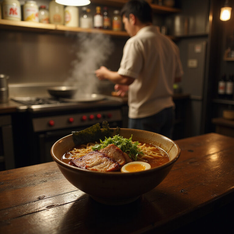 Tradycyjna miska ramen w małym barze w Tokio, aromatyczny bulion i makaron