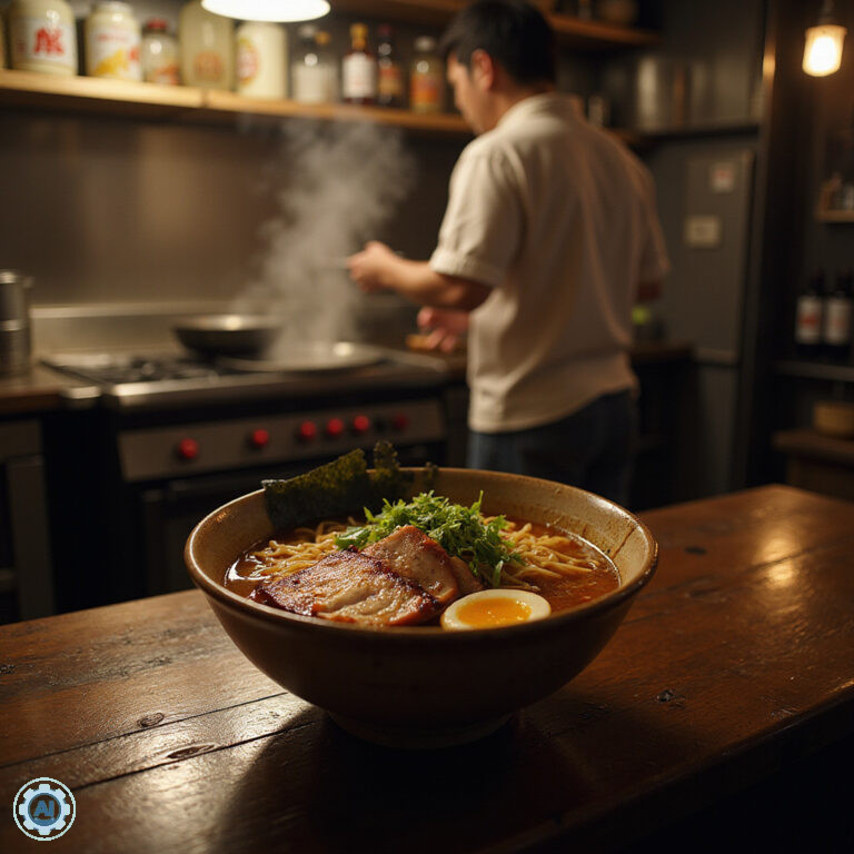 Tradycyjna miska ramen w małym barze w Tokio, aromatyczny bulion i makaron
