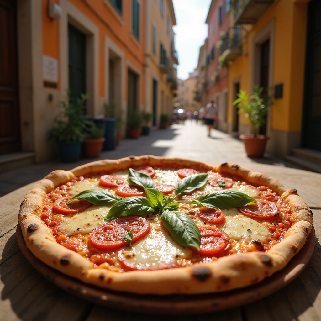 Tradycyjna włoska pizza na tle wąskiej uliczki w Neapolu, kuchnia włoska