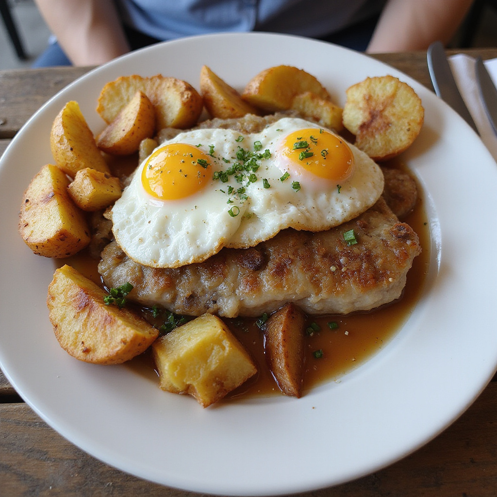 Tradycyjne bacalhau à brás z jajkiem i ziemniakami na ulicy w Lizbonie
