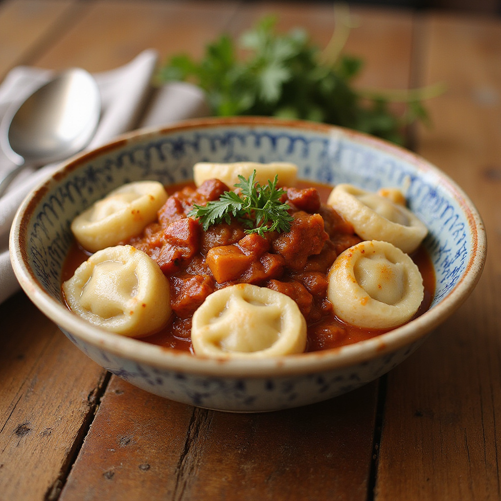 Tradycyjne czeskie knedliki z gulaszem na drewnianym stole