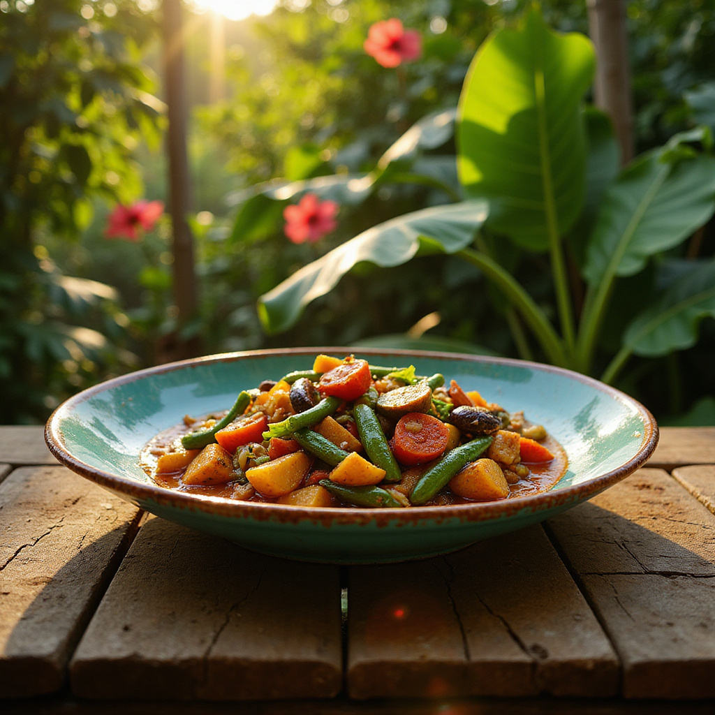 Talerz z tradycyjnym filipińskim daniem wegetariańskim na tle tropikalnej scenerii