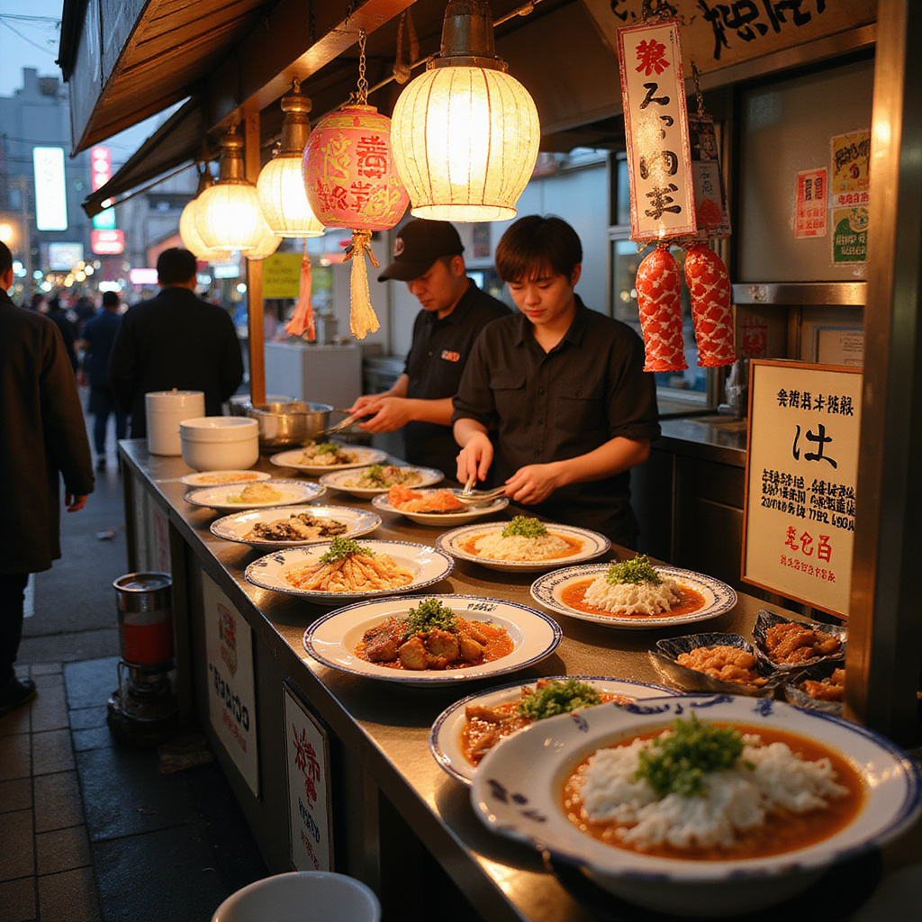 Tradycyjne jedzenie na ulicznym straganie w Tokio, ramen i sushi, lokalne smaki