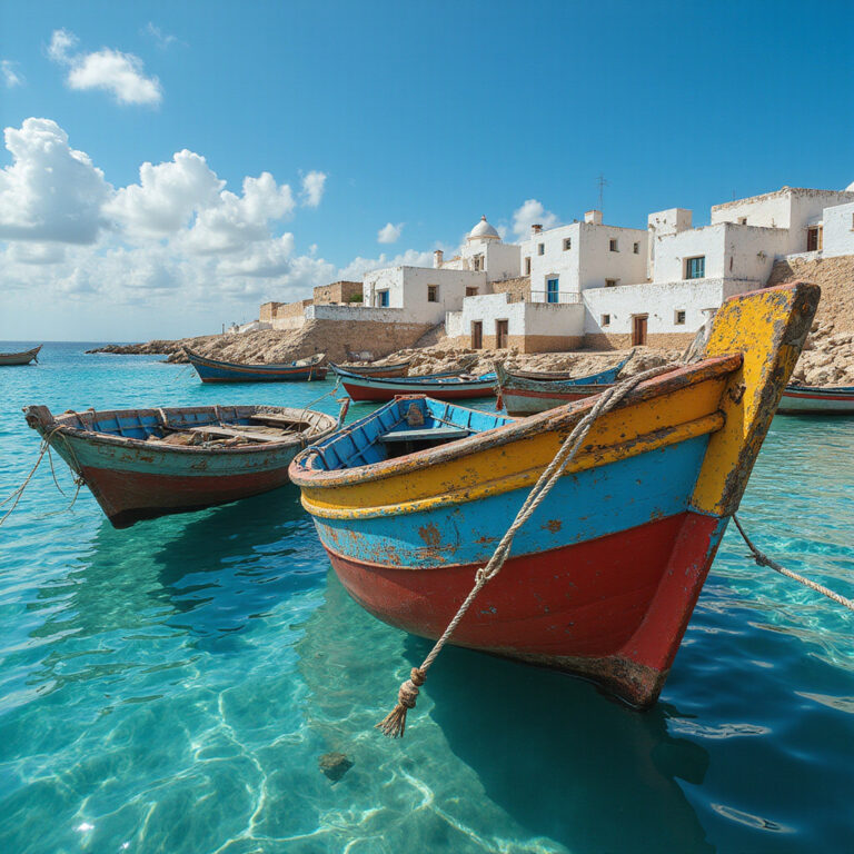 Tradycyjne łodzie rybackie na tle błękitnego morza w Djerbie – lokalne rybołówstwo i kultura