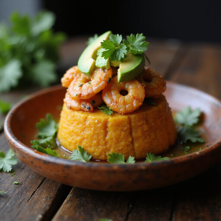 Tradycyjne mofongo podane na talerzu z krewetkami i awokado