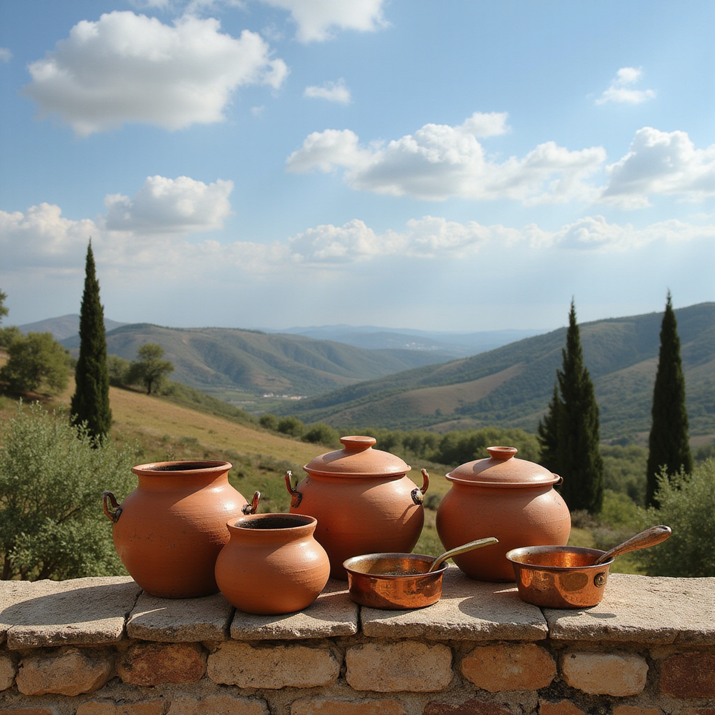 Gliniane garnki i miedziane naczynia na tle sycylijskiego krajobrazu