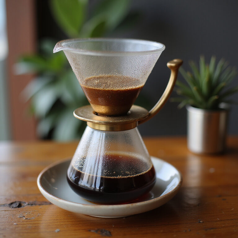 Wietnamska kawa z phin parzona tradycyjnym metalowym filtrem na drewnianym stole