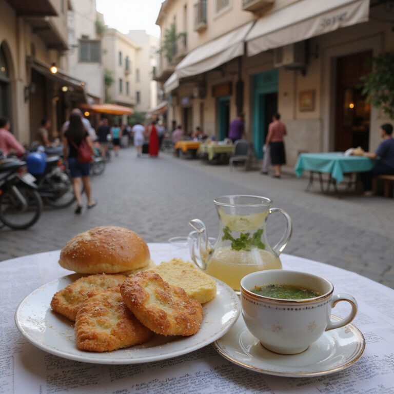 Tradycyjne tunezyjskie śniadanie z brik i herbatą miętową na tle medyny