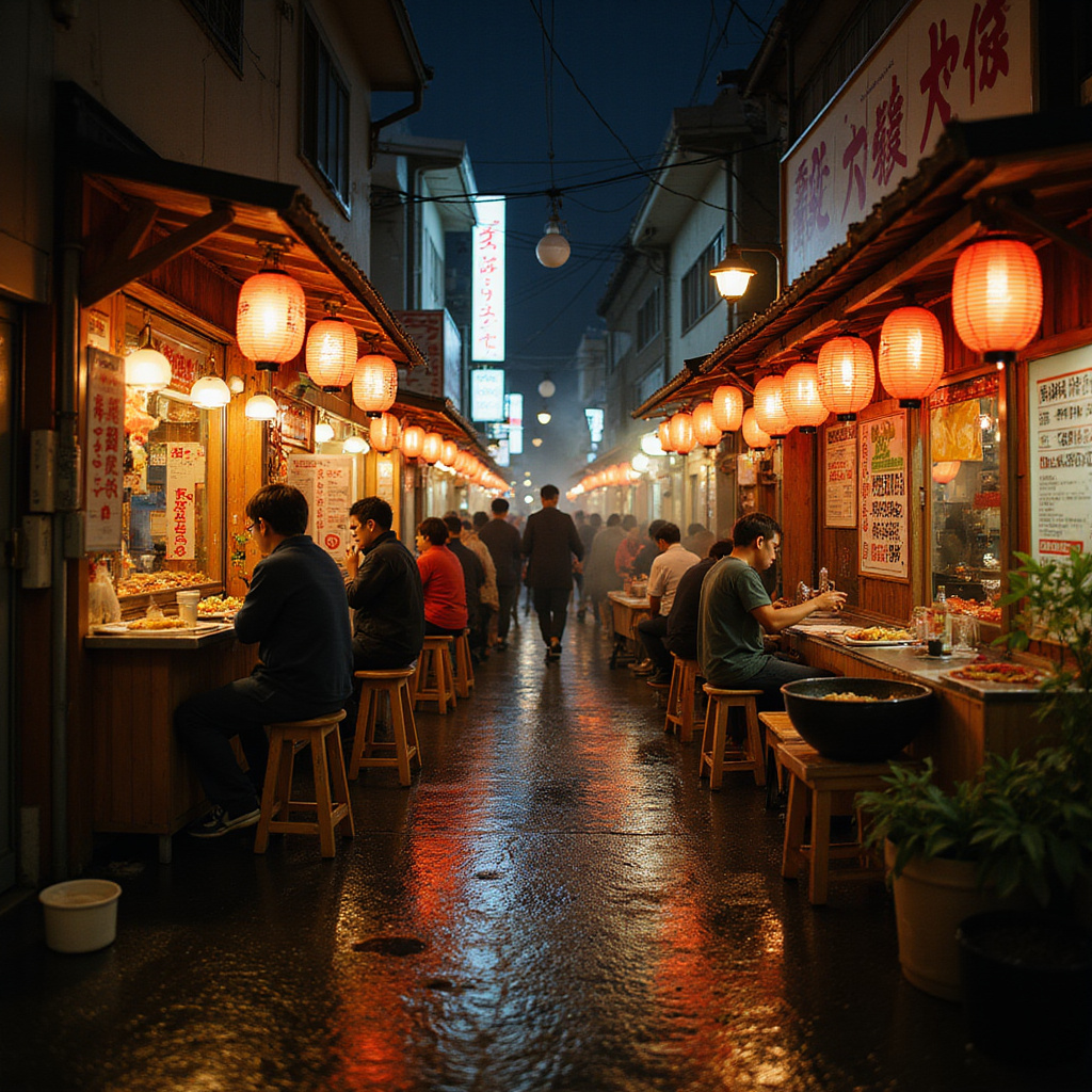 Ulica w Fukuoce z tradycyjnymi straganami yatai i wegańskimi opcjami