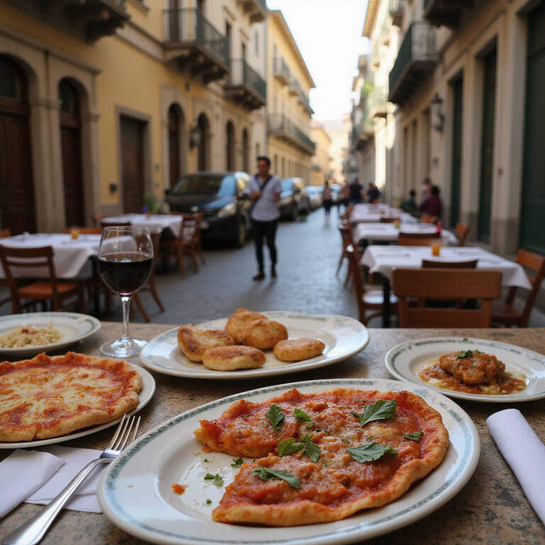 Tradycyjne sycylijskie dania na tle zabytkowej ulicy w Palermo, gdzie zjeść lokalne przysmaki