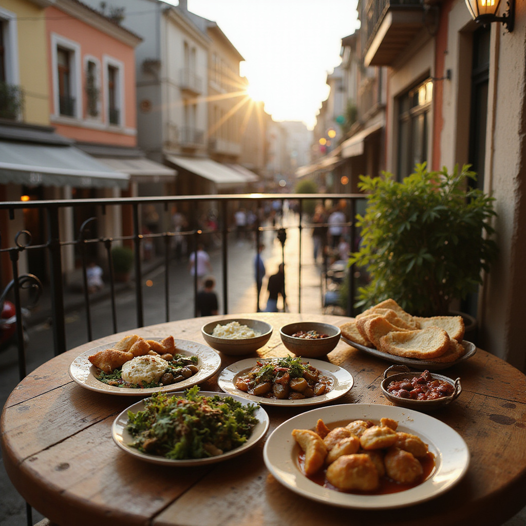 Tradycyjne tureckie meze na drewnianym stole z widokiem na ulicę w Stambule