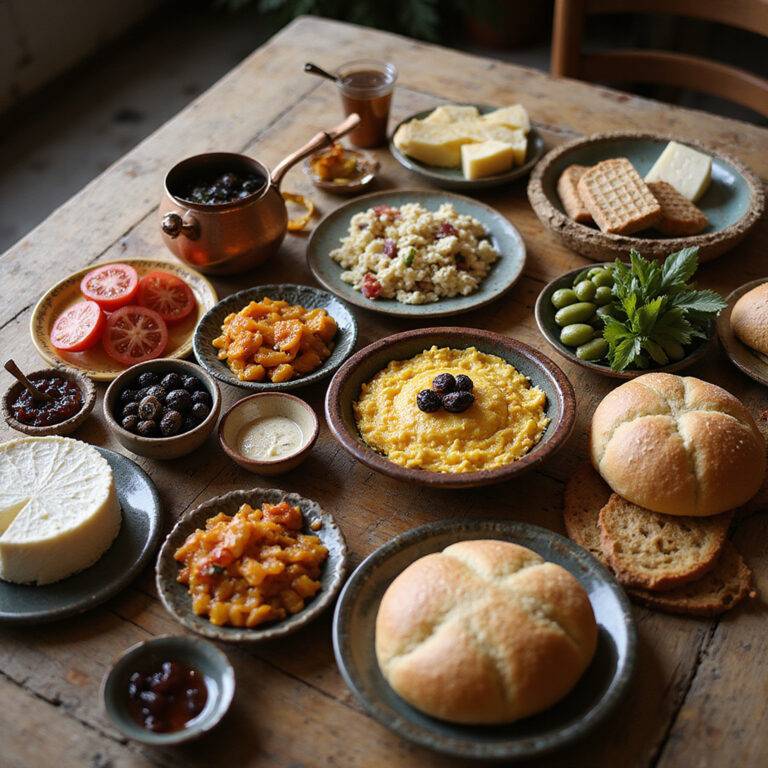 tradycyjne tureckie śniadanie kahvaltı z serem i oliwkami na drewnianym stole