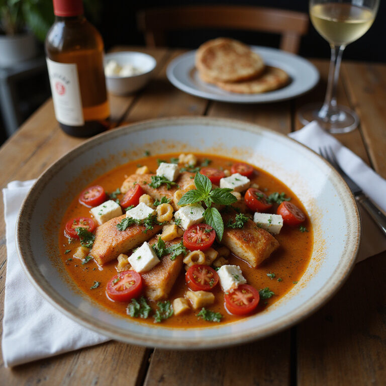 Tradycyjny dakos z pomidorami i fetą na drewnianym stole w greckiej tawernie