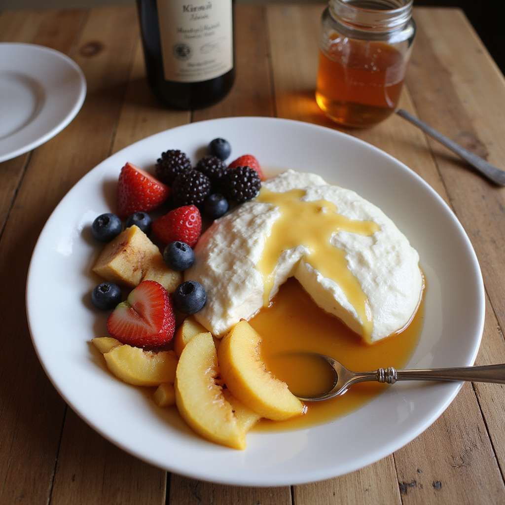 Tradycyjny islandzki skyr na drewnianym stole z owocami i miodem, zdrowa przekąska