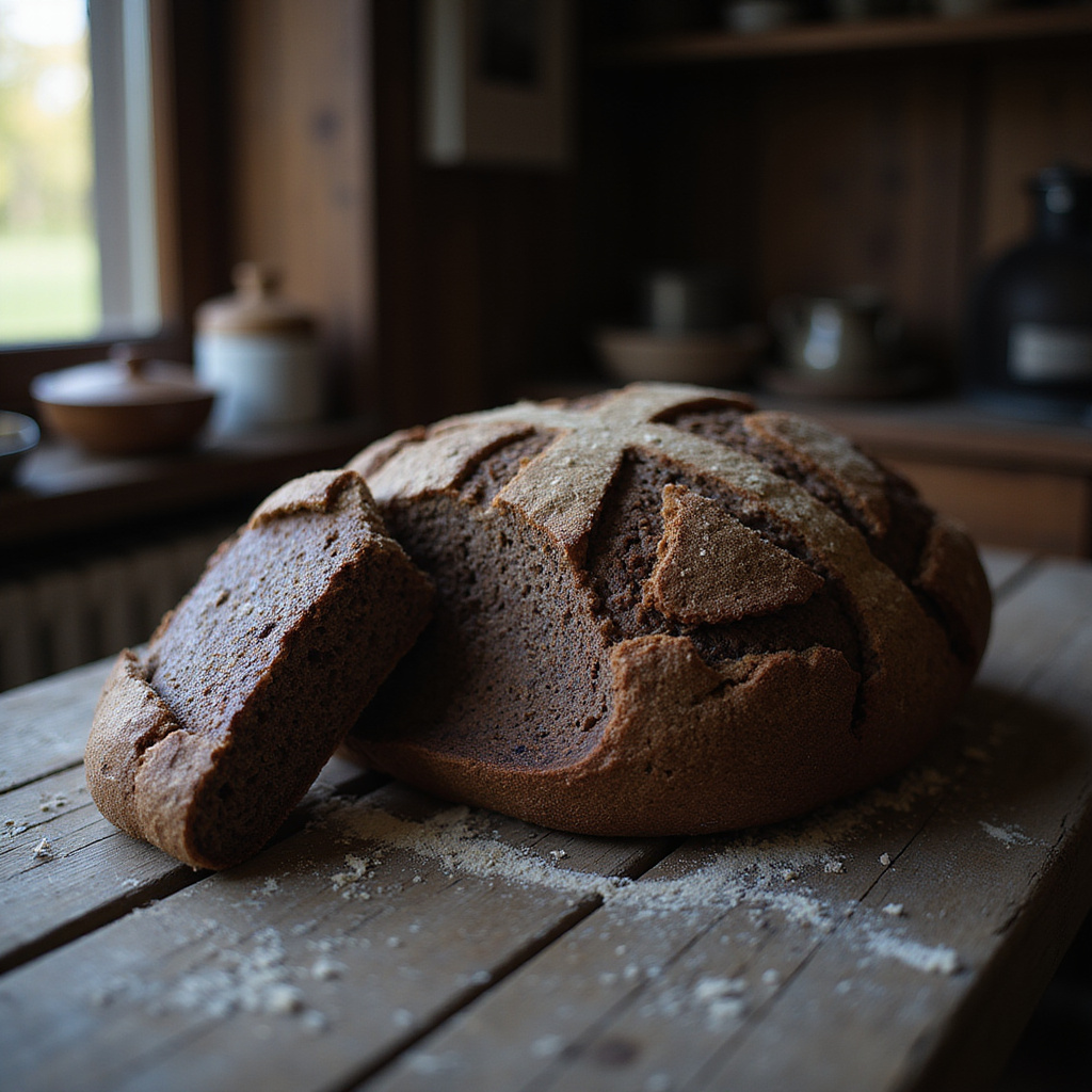 Tradycyjny łotewski chleb rupjmaize na drewnianym stole