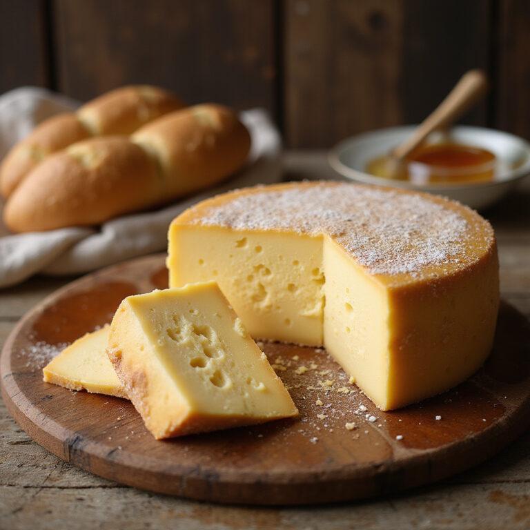 Tradycyjny łotewski ser Jāņu siers na drewnianym stole z chlebem i miodem