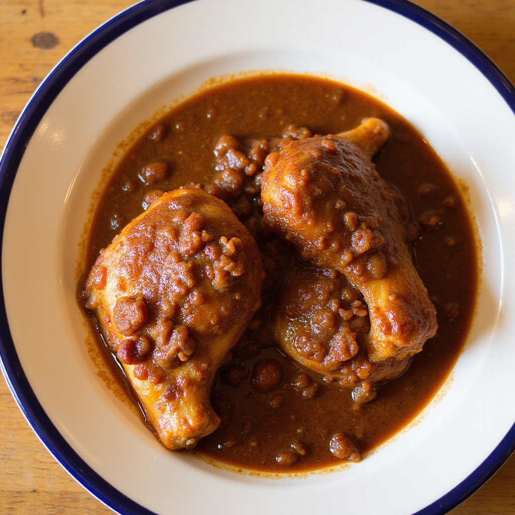 Tradycyjny mole oaxaqueño podawany na talerzu z kurczakiem