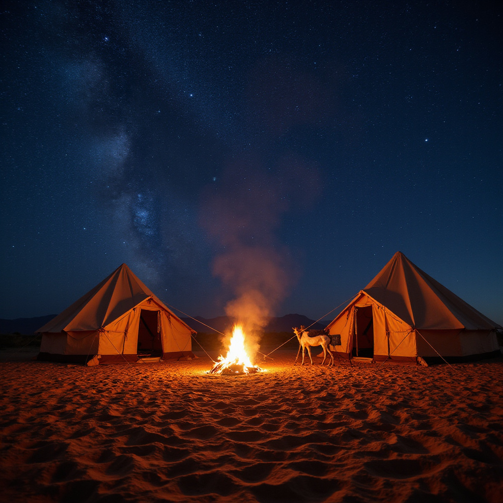 Beduińskie noce na pustyni - tradycyjny obóz pod rozgwieżdżonym niebem, namioty i ognisko